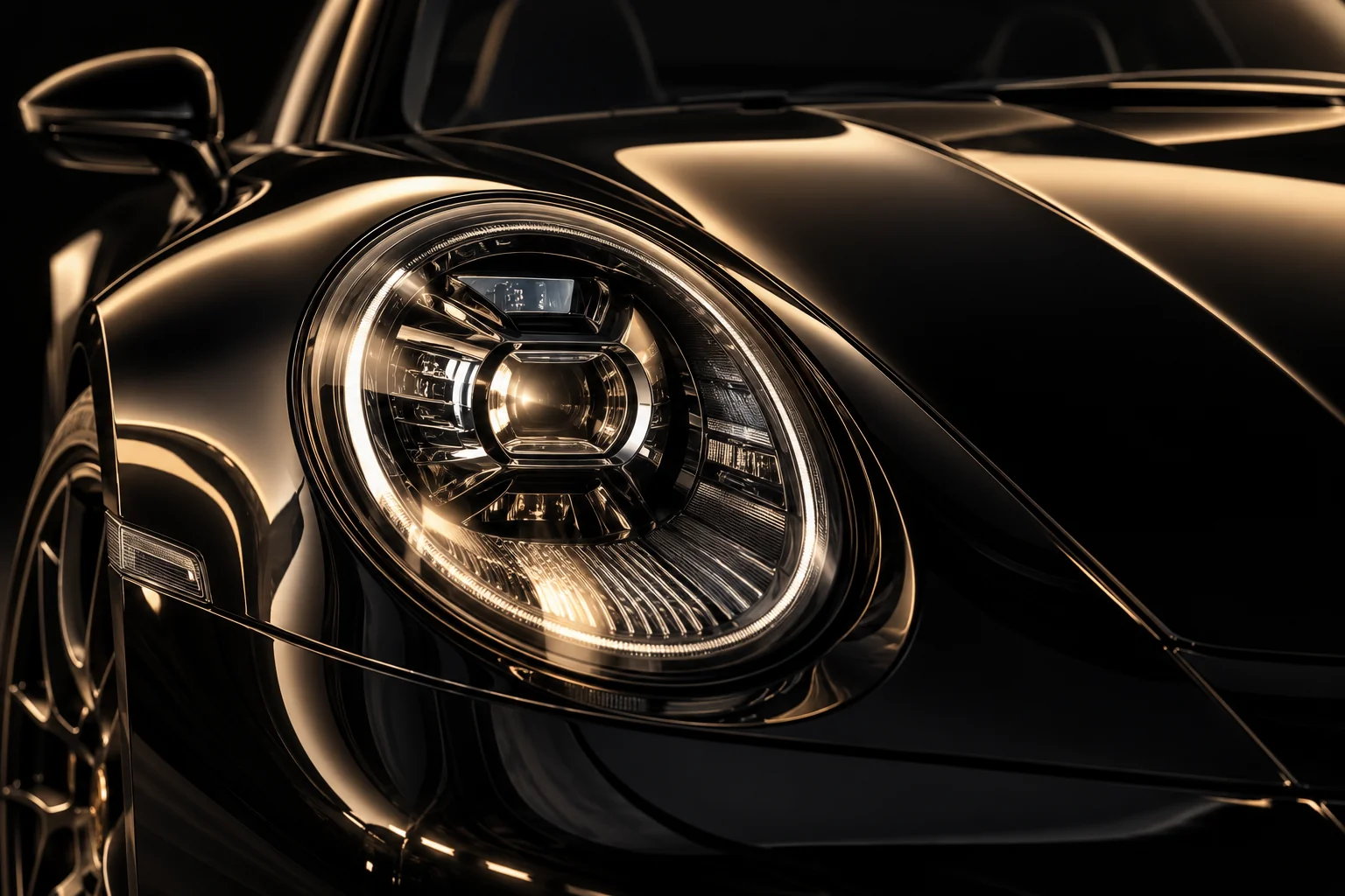 Detal reflektora i perfekcyjne odbicia na czarnym lakierze Porsche
